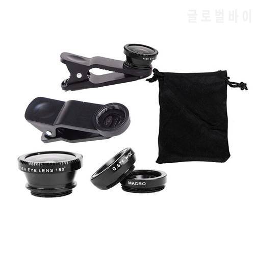 Phone Lens 360 Degree Rotate Shark Tail Shaped Clip Photo Camera Lens Kits 180 Degree Fish Lens 0.65X Wide Angle 10X Macro Lens
