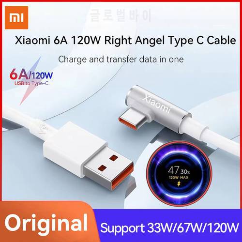 Original Xiaomi Cable 120w 6A Turbo Charger Cabos 90 Degree Elbow Quick Fast Charging Mi 12 11 Redmi Note11 POCO X4 Blackshark
