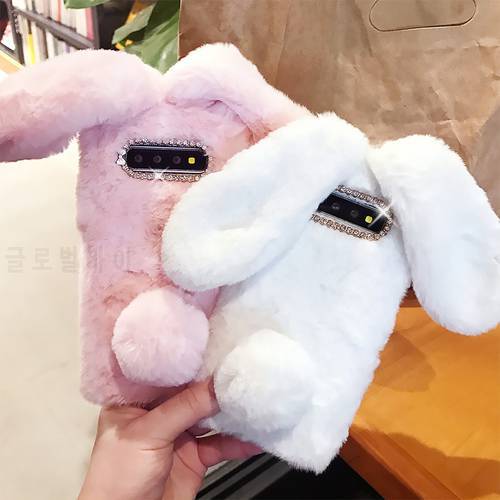 Fluffy Rabbit Fur For Samsung S9 S8 Plus S7 S6 edge A40 A50 A70 soft TPU For Galaxy S10 S10 Plus lite Case Bling Back Cover
