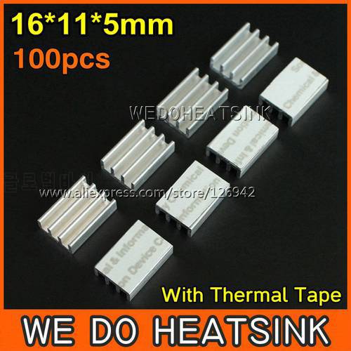 100pcs 16x11x5mm Extruded CPU Aluminium Heat Sink With Thermal Conductive Tape Heatsink Power Fans & Cooling