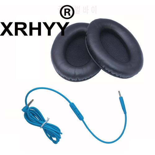 XRHYY Replacement Blue Audio Cable Cord Wire With Mic and Black Earpad Ear Pads Cushion For Bose QC 25 Headphones