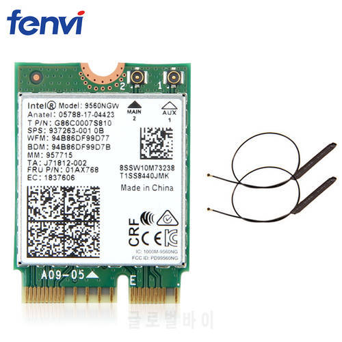 Dual Band Wireless For Intel 9560AC 9560NGW 1.73Gbps Wifi 802.11ac For Bluetooth 5.0 Wlan Card With MHF4 UF.L Antennas Windows10