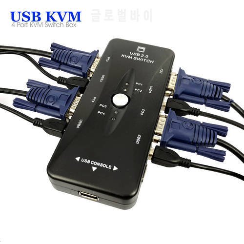 4 Port USB 2.0 KVM Switch Box Adapter Connects Printer Monitor Use 1 Set keyboard Mouse Control 4 Computers With Cable