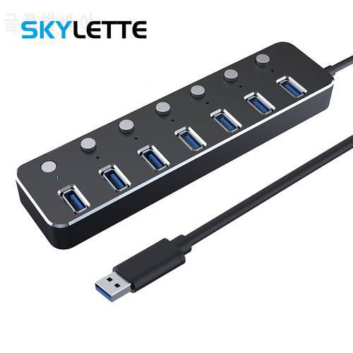 Aluminum 7-port USB 3.0 Hub 60/120cm Cable Sub-control Switch 5Gbps LED Indicator HUB Chargeable Splitter For Multi USB Devices