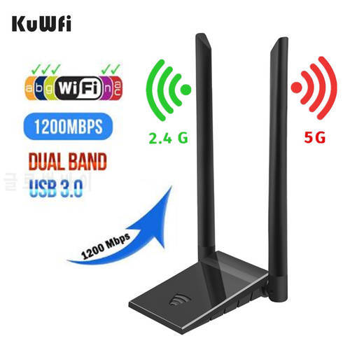 KuWFi USB 3.0 Wifi Adapter 1200Mbps PC Wi fi Receiver 2.4G&5.8G RTL8812BU Antenna USB Ethernet Lan Wifi Dongle With 2*5dBi