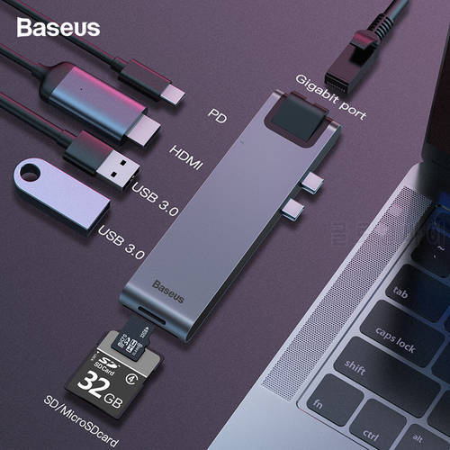 Baseus Dual USB C HUB To USB 3.0 HDMI-compatible SD TF Card Reader RJ45 Adapter PD Charging USB HUB For MacBook Pro Splitter