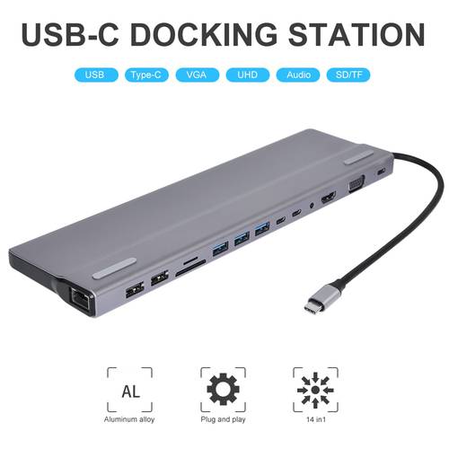 DeepFox 14-In-1 Type C Hub USB C to HDMI-compatible VGA Lan USB 3.0 Ports SD/TF Card Reader USB-C Power Delivery for MacBook Pro