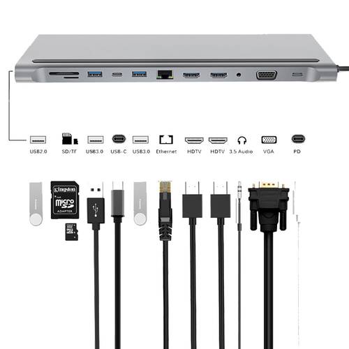 12 in 1 Type C HUB to 3.0 USB Card Reader Dual HDMI-compatible 4K RJ45 VGA USB HUB For MacBook Accessories USB HUB USB-C HUB