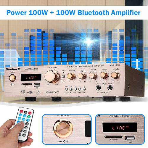 100W+100W 220V High Power Bluetooth Amplifier HiFi Stereo AV Surround Audio Power Amplifier FM Karaoke Home Theater Amplifier