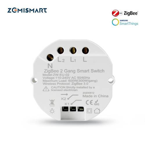 Zemismart Zigbee Switch SmartThings Tuya Zigbee Remote Control Light Inline Module Mini Switch 2 Gangs 2 Ways