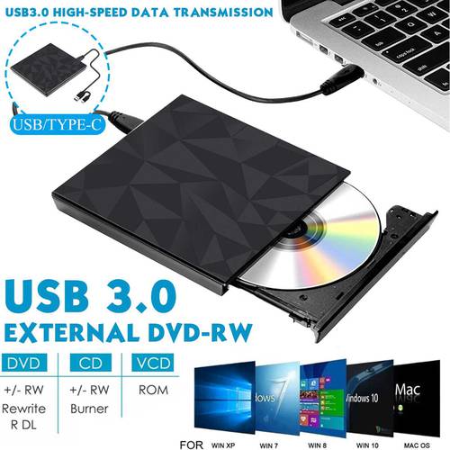 USB 3.0 &Type C DVD Drive, CD Burner Driver Drive-free High-speed Read-write Recorder, External DVD-RW Player Writer Reader