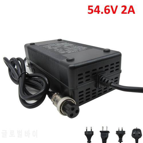 54.6V 2A Lithium Ebike Charger 48V 2A 13S Li-ion Electric Bike Bicycle Scooter Battery Charger with Fan GX16 XLRM RCA DC Port