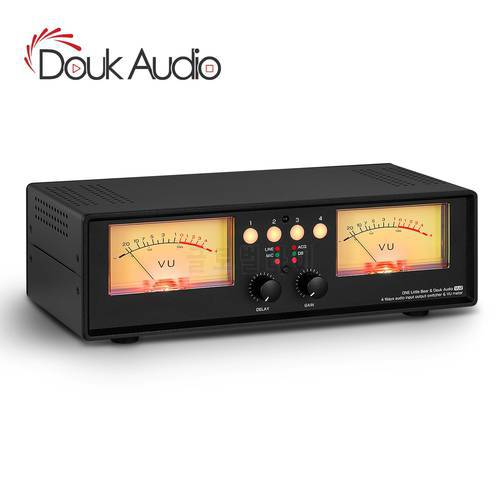 Douk Audio Analog Dual VU Meter MIC+LINE Stereo Music Spectrum Display Sound Level Indicator 4-Port Audio Splitter Switcher Box