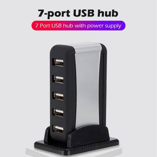 EU/US Plug Vertical USB Hub Multi 7 Ports USB 2.0 Splitter with Power Adapter 480 Mbps USB 2.0 hub for PC Computer Accessories