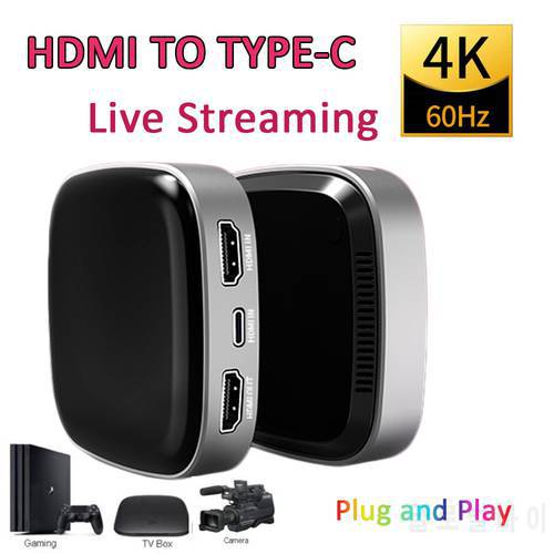 4K/60Hz HDMI to Type-C Video Capture Card Box Live Broadcast Support Mobile Phone Live Straming for Game Console/TV BOX/Camera