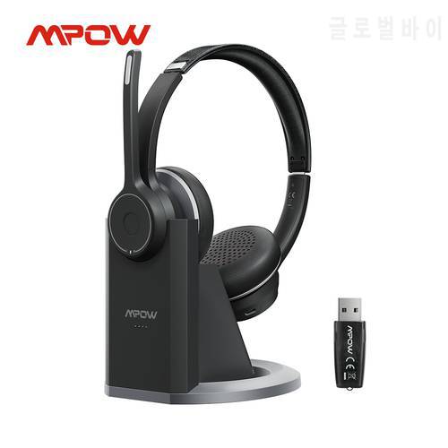 Mpow HC5 Pro Wireless Headphones Bluetooth 5.0 Headset w/ CVC8.0 Noise Cancelling Mic Charge Base USB Adapter Computer Headphone