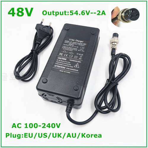 48V Li-ion Battery Charger Output 54.6V 2A for 48V Electric Bike Lithium Battery Pack 3 Pin Female Connector GX16 XLRF Socket