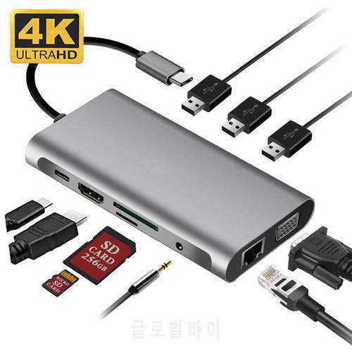 USB 3.0 Multiport Hub Adapter 10 IN 1 Type C HDMI-compatible VGA PD USB Hub Dropshipping Wholesale