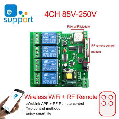 Smart Home EweLink 7V-32V 85V-250V Wifi Relay Switch 4 Channel Wireless Wifi Relay Module Remote Control Switch App Control