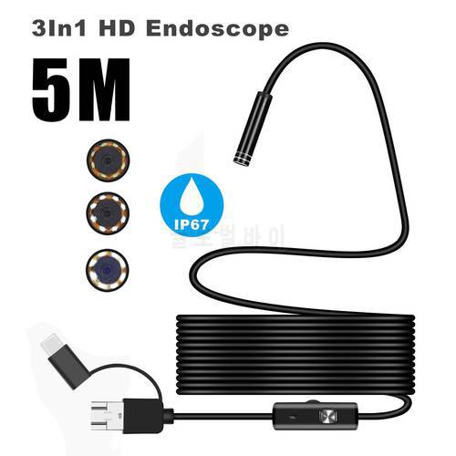 1/1.5/2/3.5/5M 7mm 3 in 1 USB Type C Endoscope 7mm Inspection HD Camera For Android PC Borescope Camera 6 LED Endoscope Camera