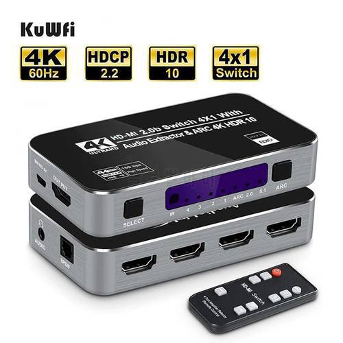 4K60Hz 4 Ports HD-MI 2.0b Switch Switcher Box 4 in 1 Out with Optical 3.5mm Stereo Audio Out Remote Audio Extractor ARC HDCP 2.2