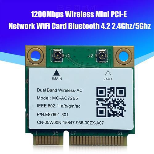 1200Mbps MU-AC7265 Dual Band Wireless Half Mini PCI-E Network Wifi Card Bluetooth-compatible 4.2 802.11a/b/g/n/ac 2.4Ghz/5Ghz