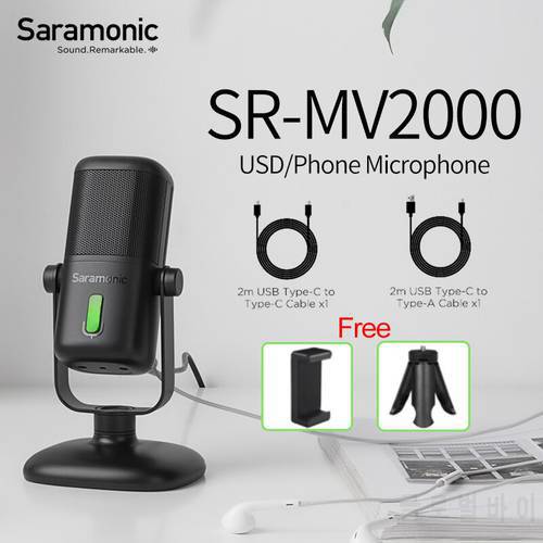 Saramonic SR-MV2000 novo microfone de mesa usb com suporte magnético destacável, filtro pop embutido e amplificador de fone de o