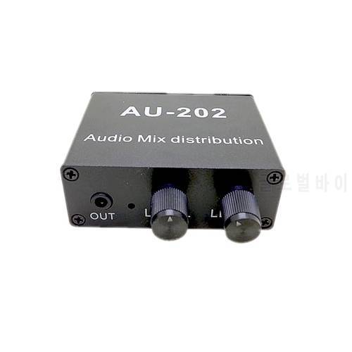 AU-202 2 input 2 output Stereo Mixer Audio Distributor for Headphone External Power AMP Volume independent control