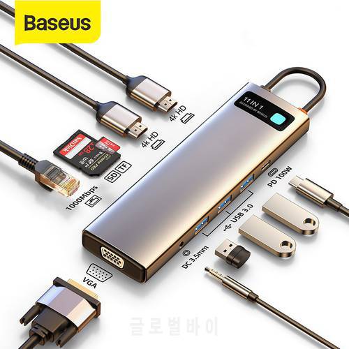 Baseus USB C HUB to HDMI-compatible VGA USB 3.0 Adapter 9/11 in 1 USB Type C HUB Dock for MacBook Pro Air PD RJ45 SD Card Reader