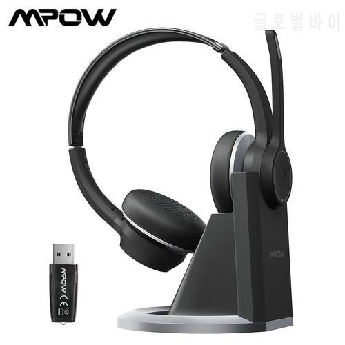 Mpow HC5 Pro Office Headphone with Charge Base Wireless PC Headset with Dual CVC 8.0 Noise-Cancelling Microphone for Call Center