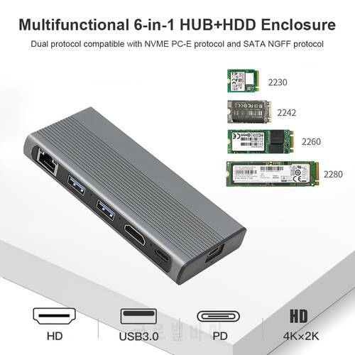 SSD Hub USB C HUB Type C3.1 to M.2 NVME NGFF HD 4K 1000M LAN 10Gbps M.2 SSD Case Enclosure USB C HUB Splitter for MACBook Laptop