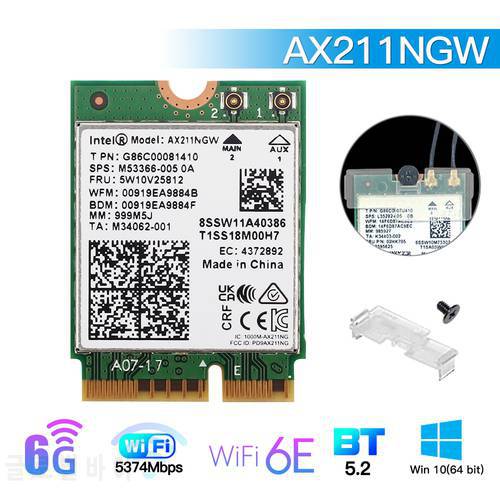 WiFi 6E AX211NGW Tri Band 2.4G/5G/6Ghz Wireless Network Wifi Card Adapter For Bluetooth 5.2 Intel AX211 M.2 KeyE CNVio Windows11
