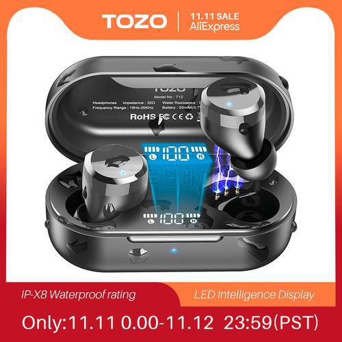TOZO T12 Bluetooth Earphones ,Wireless Earbuds With Premium Fidelity Sound Quality Smart Touch , 28H Play For Sports