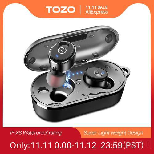 TOZO T10 Bluetooth Earphones , Wireless Headphones Premium Sound With Deep Bass, IPX8 Waterproof Earbuds ,30 H For Sports