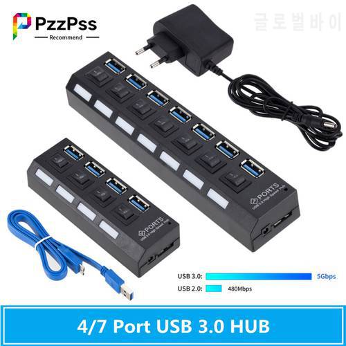 PzzPss USB 3.0 Hub USB Hub 3.0 Multi USB Splitter Use Power Adapter 4/7 Port Multiple Expander 2.0 USB3 Hub with Switch for PC