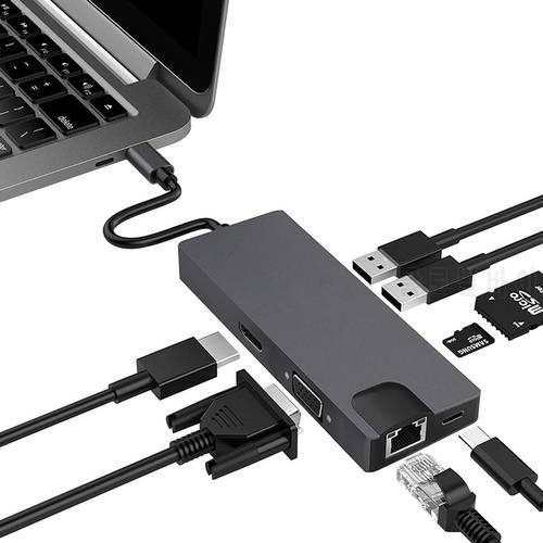 HOT 8 in 1 USB 3.0 Type-C Hub To HDMI-compatible Adapter 4K USB C Hub With PD Charging TF SD Reader Slot For MacBook High Speed
