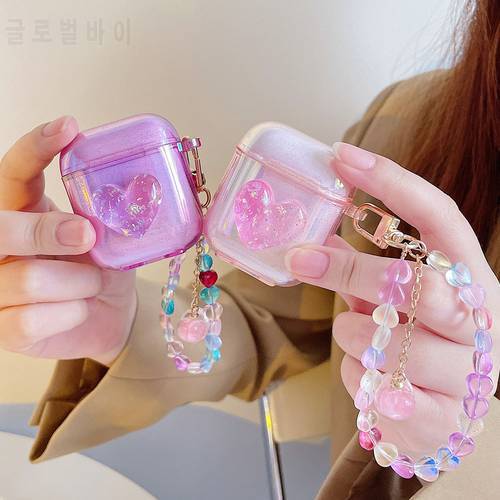 Dreamy Pink Bling Colorful Hearts Bracelet Keychain Earphone Soft Case For Apple AirPods 1 2 Pro 3 Wireless Headset Box Cover
