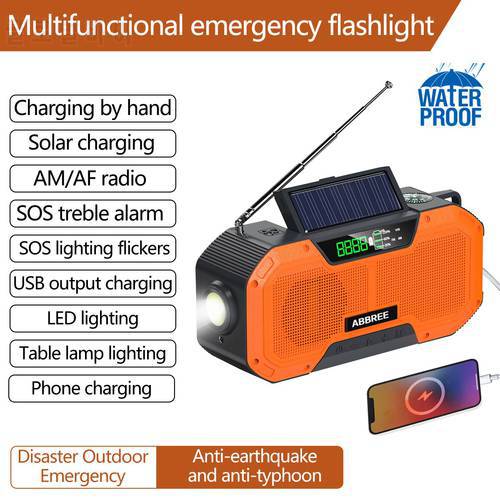 ABBREE Waterproof Auto Scan AM/FM Emergency Radio Charge by Solar Power Hand Crank USB charger Power Bank for Cellphone