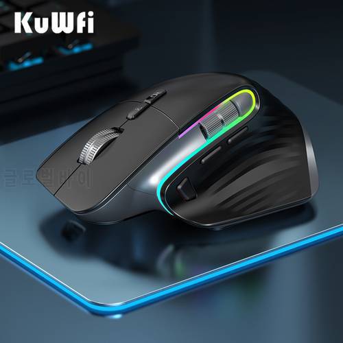 KuWFi Rechargeable Wireless Mouse Silent Gaming Mouse 2.4G&Bluetooth Mause Ergonomic for PC Laptop 4000DPI 9 Button RGB Mice