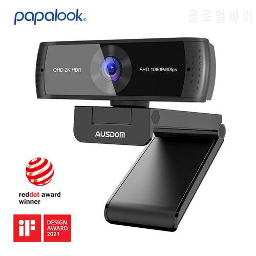 Webcam AUSDOM AW651 1080P 60FPS 2K HDR Autofocus Web Camera with Omni Dual Mics & Cover Slide for Live Streaming Include Tripod