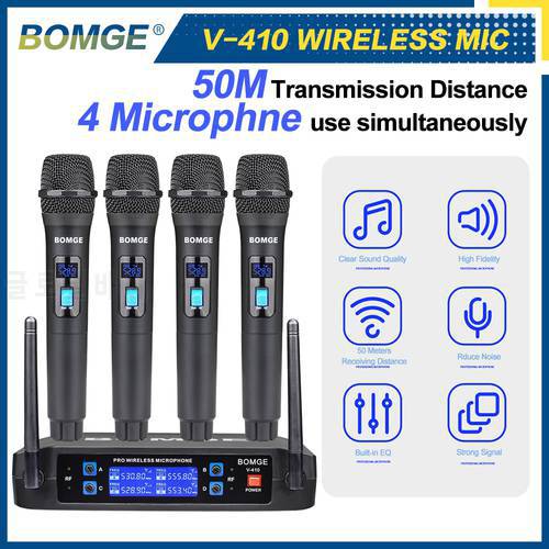 BOMGE Professional 4 Channels Wireless Microphone System 50 Meters Working Range With 4 Handheld Mics For Karaoke