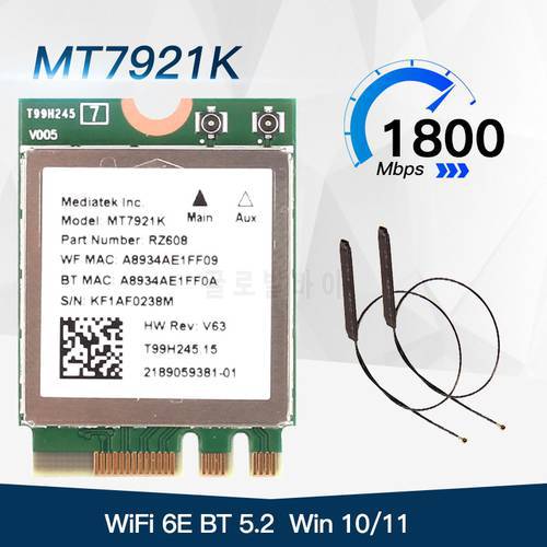 1800Mbps MT7921K M.2 NGFF Wifi Network Card Bluetooth 5.2 Wifi 6e Wireless Adapter Dual Band MU-MIMO 802.11ax Windows 10 11