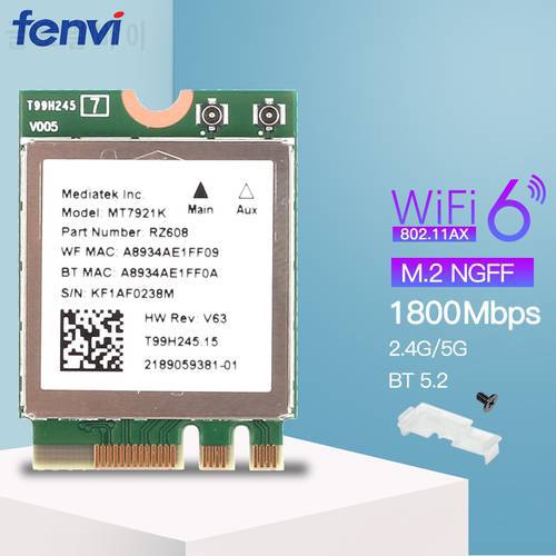 WIFI 6 1800Mbps MT7921 M.2 NGFF For Bluetooth 5.2 Wireless WiFi Card Dual Band 2.4G/5GHz MU-MIMO 802.11ax Adapter Windows 10 11