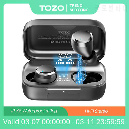 TOZO T12 Pro Bluetooth Headphones ,Wireless Earbuds with 4 Mics ,CVC 8.0 Call Noise Cancelling Earphones ,160H Playtime ,Black