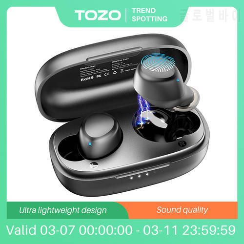 TOZO A1 Bluetooth Earphones, Wireless Earbuds Immersive Sound Long Distance Connection Headphones Ultra Lightweight,Black