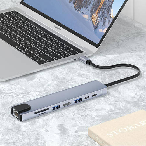8in1 USB 3.0 Hub For Laptop Adapter PC Computer PD Charge 4K 8Ports Dock Station RJ45 HDM I TF/SD Card Notebook Type-C Splitter