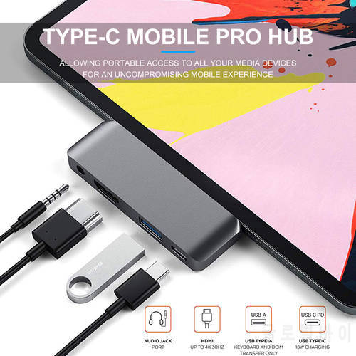 Aluminum Type-C Mobile Pro Hub Adapter With USB-C PD Charging 4K HDMI-compatible USB 3.0 Tablets Laptop Docking Station HD