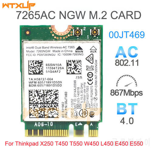 WiFi Network card for LENOVO thinkpad for intel 7265 7256NGW 7265AC 00JT469 M2 NGFF for X250 T450 T550 W450 L450 E450 E550