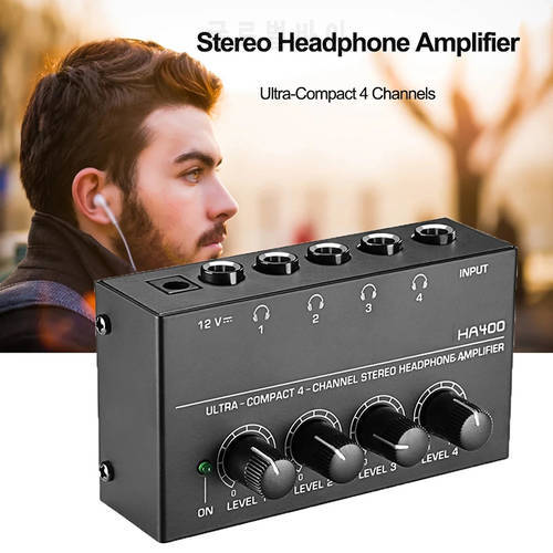 1pc HA400 Ultra-Compact 4 Channel Headphone Amplifier Mini Audio Stereo Amp Microamp Amplifier With Power Adapter EU/US/UK/AU