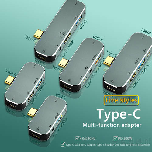 Type-C Extension Hub 3.55mm Jack PD100W USB3.0/USB2.0/USB3.1 HDMI-Compatible USB Extender PC Computer Laptop Splitter Accessory
